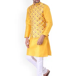 Sadree Mandarin Collar Dupion Silk Kurta And Churidar With Nehru Jacket Set image 3