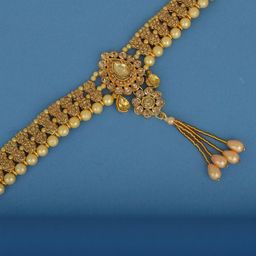 MEMOIR Gold plated Golden CZ with Golden Faux Pearls Waist belt Belly chain Kamarb& Jewellery Set-image-16