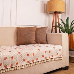 STITCHNEST Orange & White Floral Printed Quilted Velvet 2 Seater Sofa Cover-picture-12