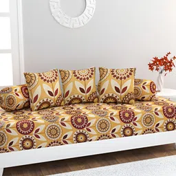 HOME AFFAIRS 6-Pcs Yellow & Brown Printed Cotton 220 Thread Count Cotton Single Diwan Set-5