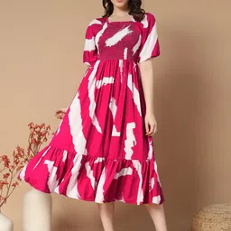LookShine Women Abstract Printed Puff Sleeve Smocked A-Line Midi Dress-image-5