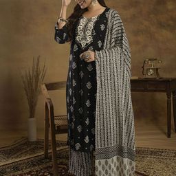Sangria Women Floral Regular Thread Work Pure Cotton Kurti with Trousers & With Dupatta-image-91