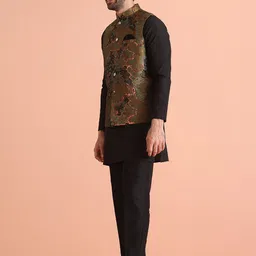 KISAH Men Abstract Regular Fit Woven Design Kurta Nehru Jacket Trouser Set image 4