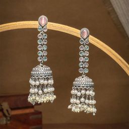 NAMAN ARTS Silver-Plated Artificial Stones Studded & Beaded Oxidised Dome Shaped Jhumkas-8