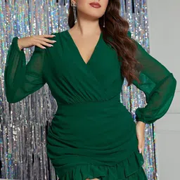 KPOP Women Plus Size Solid V-Neck Puff Sleeves Ruffles Detail Wrap Mini Dress-3