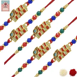 MEIRA JEWELLERY Set Of 5 Designer Rakhis With Greeting Card & Roli Chawal-6