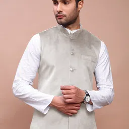 SHOWOFFFF Velvet Mandarin Collar Linen Nehru Jacket-image-27