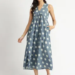 Pink Fort Dabu Polka Dot Print Fit & Flare Midi Dress-image-34