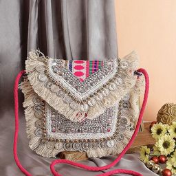 Swisni Pink & Silver-Toned Embroidered Envelope Clutch-image-68
