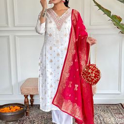 GRIOPY Women Ethnic Motifs Embroidered Regular Kurta with Trousers & Dupatta-picture-9