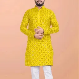 kingenterprise Men Self Design Straight Kurta (Yellow)-picture-2