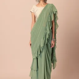 INDYA Green Georgette Ruffled Pre-Stitched Saree-image-14