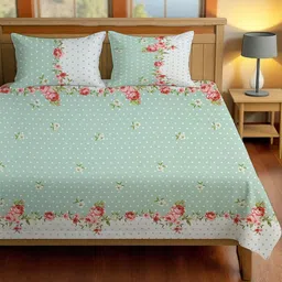 IVAZA Green & Red Floral 300 TC Queen Bedsheet with 2 Pillow Covers-image-70