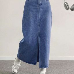 SZN Women Front Slit Denim Straight Maxi Skirt-image-21