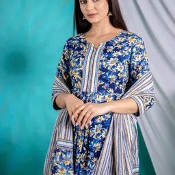 Anouk Floral Printed Pleated Pure Cotton Straight Kurta with Trousers & Dupatta-24