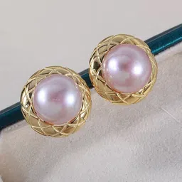 FIMBUL Gold-Plated Pearls Studded Circular Shaped Textured Studs image 2