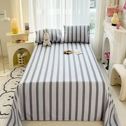 JC HOME Grey & White Striped 140 TC King Bedsheet with 2 Pillow Covers-image-69