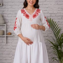 angloindu Ann Women Floral Embroidered V-Neck Maternity Cotton A-Line Dress-image-99