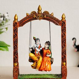 eCraftIndia Orange & White Radha Krishna On Swing Handcrafted Figurine-image-48