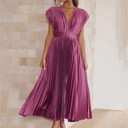 StyleCast Purple V-Neck Extended Sleeves Accordion Pleated Fit & Flare Midi Dress-picture-11