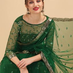 Sangria Green & Golden Embellished Sequinned Net Saree-picture-24