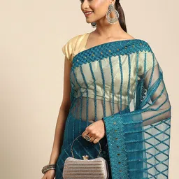Anouk Teal Green Striped Net Saree-33