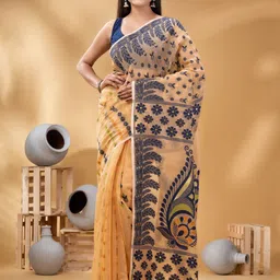 DESH BIDESH Ethnic Motifs Woven Design Zari Pure Cotton Jamdani Saree-picture-53