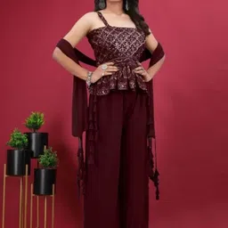 PARROT CREATION Women Embroidered Regular Sequinned Kurti with Sharara & With Dupatta image 4