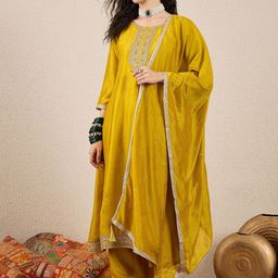 VredeVogel Floral Embroidered Panelled Thread Work A-Line Kurta With Trousers & Dupatta-47