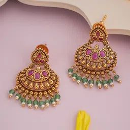 Kushal's Fashion Jewellery Gold-Plated Stone Studded & Beaded Crescent Shaped Chandbalis-7