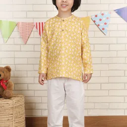 Polka Tots Boys Animal Printed Mandarin Collar Pure Cotton Straight Kurta With Pyjama-image-87