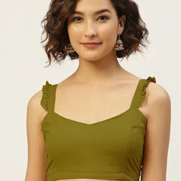 Molcha Olive-Green Solid Pure-Cotton Readymade  Saree Blouse-image-13