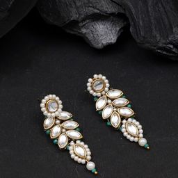 BeAbhika Gold-Plated Leaf Shaped Kundan Drop Earrings-36