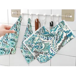 Texstylers Blue 4 Pieces Printed Cotton Towels With Gloves & Pot Holder-1