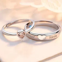 Jewels Galaxy Valentine's Set Of 2 Silver-Plated CZ Studded Adjustable Couple Finger Rings-15