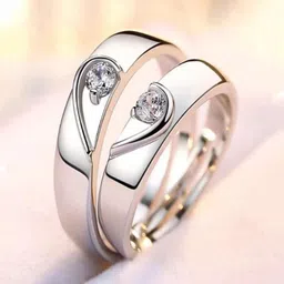 Jewels Galaxy Valentine's Set Of 2 Silver-Plated CZ Studded Adjustable Couple Finger Rings-48