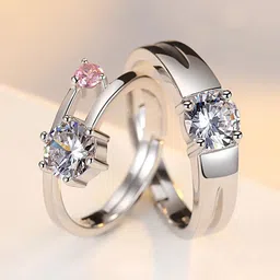 Jewels Galaxy Valentine's Set Of 2 Silver-Plated CZ Studded Adjustable Couple Finger Rings-16