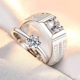 Jewels Galaxy Valentine's Set Of 2 Silver-Plated CZ Studded Adjustable Couple Finger Rings-18