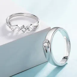 Jewels Galaxy Valentine's Set Of 2 Silver-Plated CZ Studded Adjustable Couple Finger Rings-44