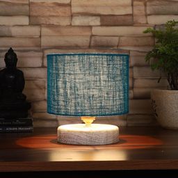 Devansh Turquoise Blue & White Jute Table Lamp with Wood Base-9