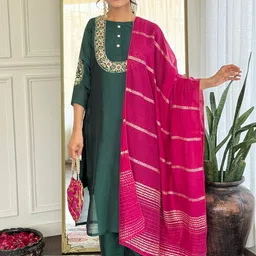 NIZA FASHION Women Floral Yoke Design Sequinned Pure Silk Kurta with Trousers & Dupatta-image-90