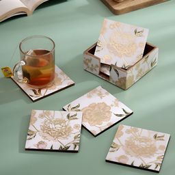 DULI White & Beige 6 Pcs Floral Printed Square Waterproof Wooden Coasters With Stand-51