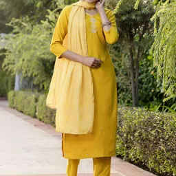 KALINI Floral Embroidered Thread Work V-Neck Straight Kurta With Trousers & Dupatta-image-67