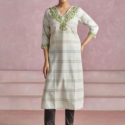 Jaipur Kurti Striped Thread Work Embroidered V-Neck Cotton Straight Kurta-picture-45