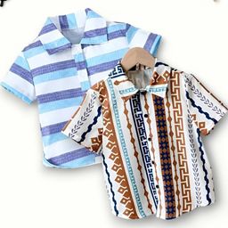 Boys Shirt Checkered, Printed Casual Short Sleeve Shirts Pack of 2-image-81