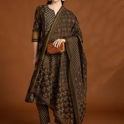 Anouk Floral Printed Gotta Patti V-Neck Pure Cotton Straight Kurta With Tousers & Dupatta-image-86