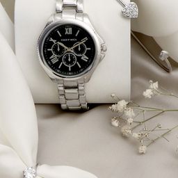 JOKER & WITCH Women Silver-Toned & Black Resplendent Silver Love Traingle Watch Gift Set-image-103