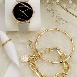 JOKER & WITCH Women Black & Gold-Toned Earth Love Triangle Watch Gift Set JWLT328-image-12