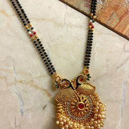 Digital Dress Room Gold-Plated Black & White Stone-Studded & Pearl Beaded Mangalsutra-9