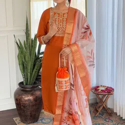 Happy Design Women Woven Design Embroidered Kurta with Trousers & Dupatta-image-54